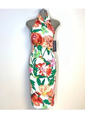 NWT Rachel Rachel Roy Punch Floral Halter Sheath Midi Dress Size Small